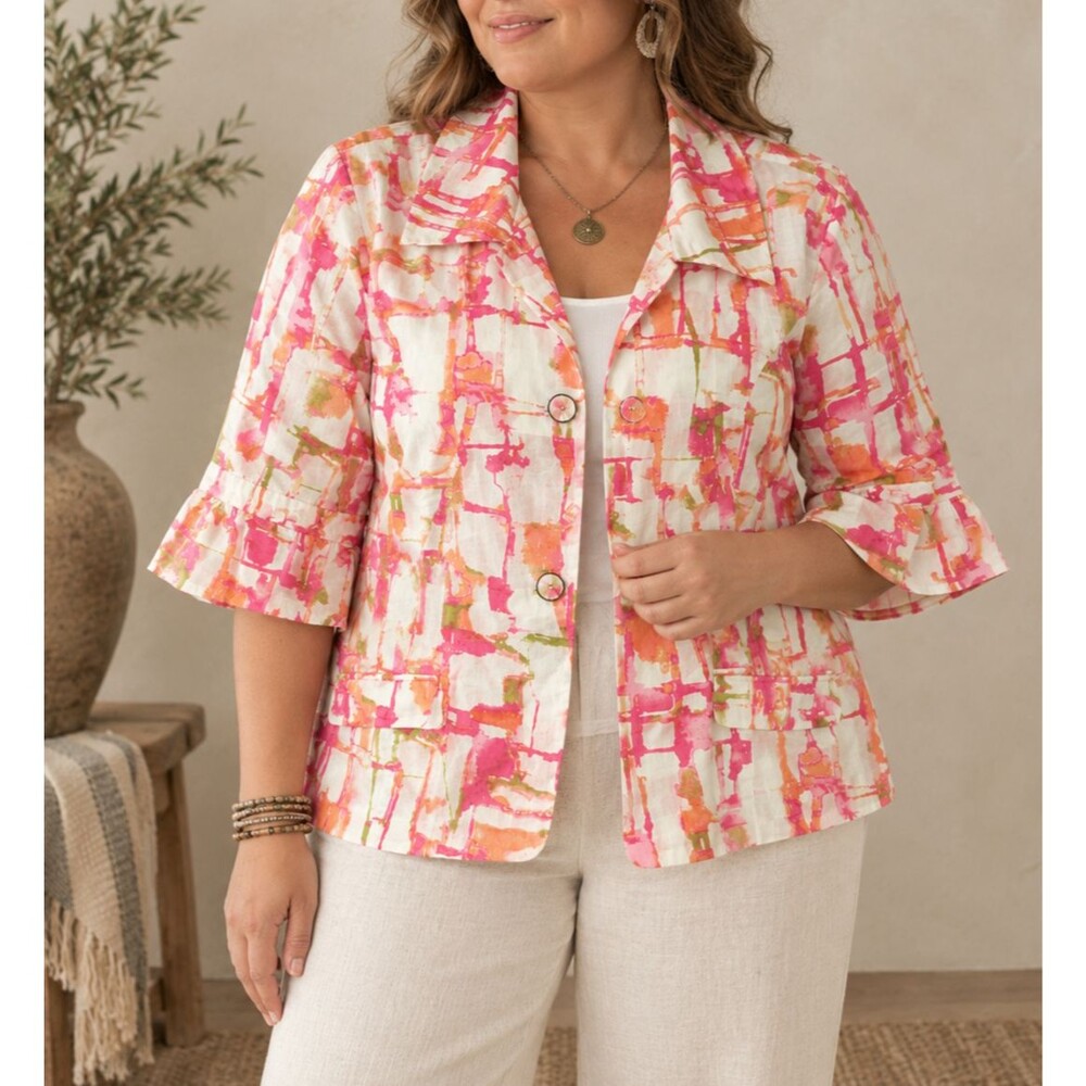 Chicos Jacket Womens 2 Medium Multicolor Geometric Cotton Ruffle Sleeve Casual